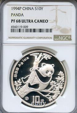 1994 Chine 10 Yuan 1 oz Preuve Panda Pièce en Argent NGC PF68