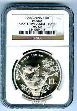 1995 1 Once Chine Argent 10 Yn Panda Ngc Ms69 Petite Brindille Micro Date Microdate