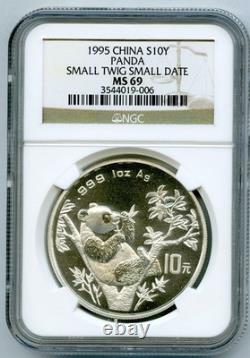 1995 1 oz Chine Argent 10 Yuan Panda NGC MS69 petite brindille micro date microdate
