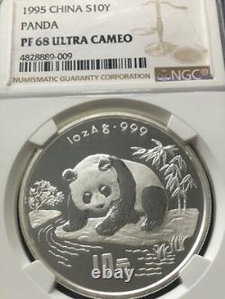 1995 Chine, 10 Yuan. 999ag Panda, NGC Noté PF-68 Ultra Cameo #4828889-009