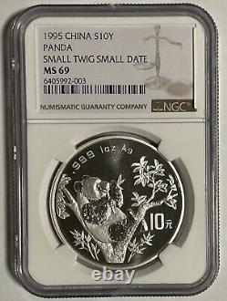1995 Chine 1 oz Pièce d'argent Panda NGC MS69 (Petite brindille Petite date, Micro date)