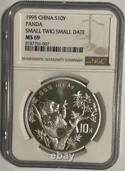 1995 Chine 1 oz Pièce en Argent Panda NGC MS69 (Petite Branche Petite Date, Micro Date)