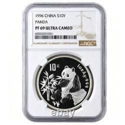 1996 Panda argenté chinois 1 oz 999 10 yuans NGC PF69 Ultra Cameo