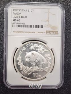 1997 Chine 10 Yuan Panda 1 oz Pièce d'Argent NGC MS66 Grande Date 6887052