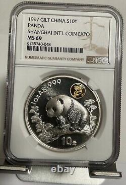 1997 Chine Panda d'Argent 1 Oz Pièce Exposition Internationale de la Monnaie de Shanghai NGC MS69