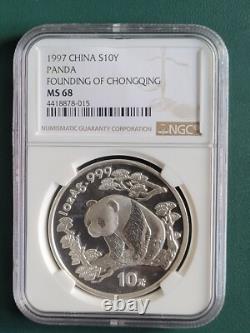 1997 Pièce de Chine Panda 1 oz 0,999 Argent NGC MS68 Fondation de Chongqing