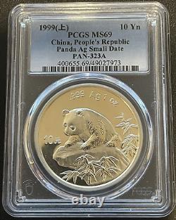 1999 1 Oz Ag. 999 Pièce d'argent Panda de Chine Petite Date 10 Yuan PCGS MS 69 PAN-323A