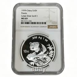 1999 Chine Panda Argent Grande Date Serif 1 1 oz 999 Pièce de 10 Yuan NGC MS69