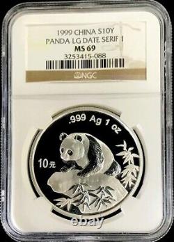1999 Chine d'argent 10 Yuan Panda 1 Once Grande Date Variété Serif 1 Pièce Ngc Ms 69