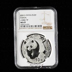2001 Chine Panda Pièce de Monnaie 10 Yuan 1oz Panda Pièce d'Argent NGC MS69 Grande D