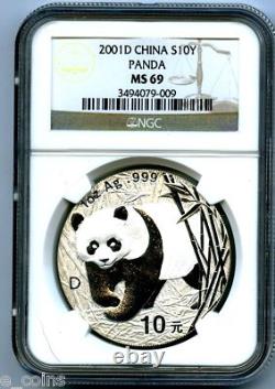 2001 D 1 Oz Argent Panda Chinois 10 Yn Ngc Ms69 Preuve Semblable. 999 Pur S10y Chinois