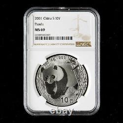 2001 Pièce de monnaie Panda Chine 10 Yuan 1oz Panda Pièce d'argent NGC MS69