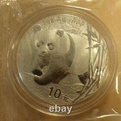 2002 Chine 10 Yuan Panda Argent 99,9% 1oz Pièce d'argent dans une capsule + sceau (argent)