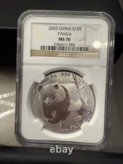 2002 Panda en Argent de Chine S10Y NGC MS70 Pièce Certifiée de Grade Supérieur Rare MS70