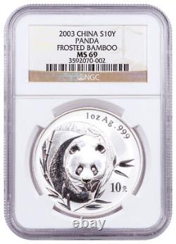 2003 Chine 1 Oz Argent Panda Frosted Bamboo ¥10 Pièce Ngc Ms69