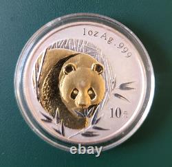 2003 Pièce de monnaie Panda Chine en argent 1 oz 0,999 dans un étui en plastique Gilt Gilded