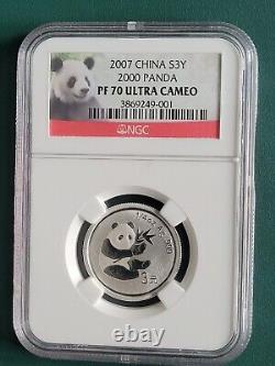 2007 (2000) Chine Panda 1/4 oz pièce d'argent 999 Proof 3 Yuan NGC PF70 Ultra Cam
