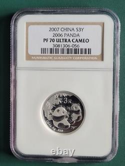 2007 (2006) Chine Panda 1/4 oz 999 pièce d'argent Proof 3 Yuan NGC PF70 Ultra Cam