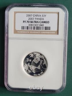 2007 (2007) Chine Panda 1/4 oz 999 pièce d'argent épreuve 3 Yuan NGC PF70 Ultra Cam