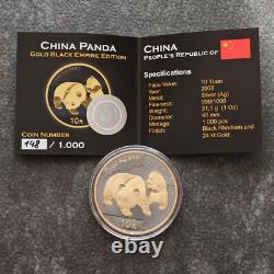 2008 1OZ 10 Yuan Argent Panda Chine Empire Noir 24kt Or PROOF UNIQUEMENT 1000 #148