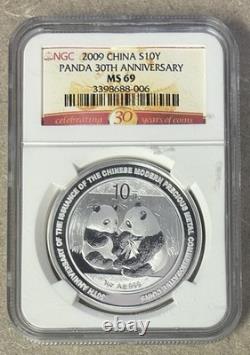 2009 Chine S 10 yuans Panda en argent fin 30e anniversaire NGC MS69 A2