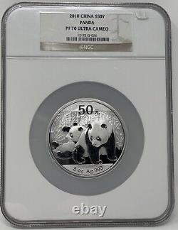 2010 Chine 50 Yuan 5oz Argent Panda NGC Certifié PR70 UHC. X-110