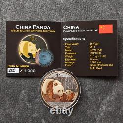 2011 1OZ 10 Yuan Argent Panda Chine Empire Noir 24kt Or ÉPROUVETTE UNIQUEMENT 1000 pièces