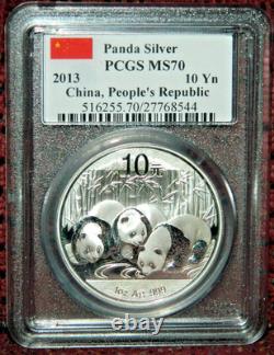 2013 Panda de Chine 10 Yuan 1 Oz. Argent 999 Fin Pcgs Ms70 Étiquette Drapeau de Chine