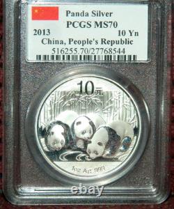 2013 Panda de Chine 10 Yuan 1 Oz. Argent 999 Fin Pcgs Ms70 Étiquette Drapeau de Chine