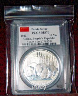 2013 Panda de Chine 10 Yuan 1 Oz. Argent 999 Fin Pcgs Ms70 Étiquette Drapeau de Chine