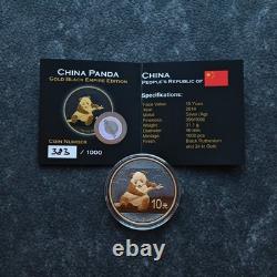 2014 1OZ 10 Yuan Panda en Argent de Chine Empire Noir 24kt Or PROOF UNIQUEMENT 1000 #383