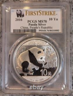 2016 Panda argenté chinois Première frappe PCGS MS70 pièce de 10 yuans 30 g. 999