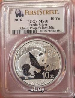 2016 Panda argenté chinois Première frappe PCGS MS70 pièce de 10 yuans 30 g. 999