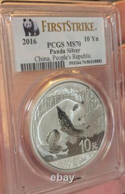 2016 Panda argenté chinois Première frappe PCGS MS70 pièce de 10 yuans 30 g. 999
