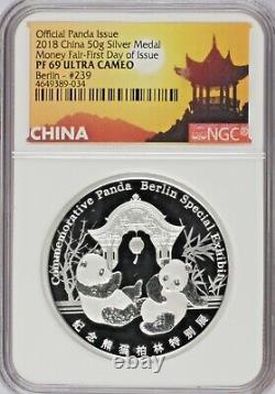 2018 50 grammes Panda en Argent Foire Monétaire de Berlin NGC PF69 UCAM avec Cert. #239