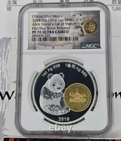 2018 Chine ANA Money Fair. Médaille Panda dorée en argent 999 de 1 oz NGC PF70 Ultra Cameo