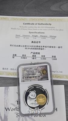 2018 Chine ANA Money Fair. Médaille Panda dorée en argent 999 de 1 oz NGC PF70 Ultra Cameo