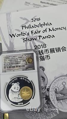 2018 Chine ANA Money Fair. Médaille Panda dorée en argent 999 de 1 oz NGC PF70 Ultra Cameo