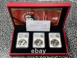 2020 Chine 3x Panda 10 Yuan Pièces NGC MS70 Lot#B2326 Argent ! Avec Étui et C. O. A