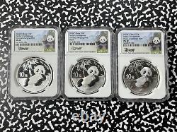 2020 Chine 3x Panda 10 Yuan Pièces NGC MS70 Lot#B2326 Argent ! Avec Étui et C. O. A