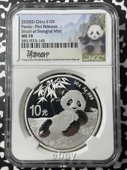 2020 Chine 3x Panda 10 Yuan Pièces NGC MS70 Lot#B2326 Argent ! Avec Étui et C. O. A