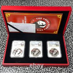 2020 Chine 3x Panda 10 Yuan Pièces NGC MS70 Lot#B2333 Argent ! Avec Étui & C. O. A