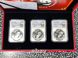 2020 Chine 3x Panda 10 Yuan Pièces NGC MS70 Lot#B2333 Argent ! Avec Étui & C. O. A