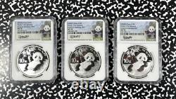 2020 Chine 3x Panda 10 Yuan Pièces NGC MS70 Lot#B2333 Argent ! Avec Étui & C. O. A