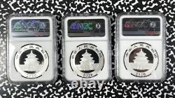 2020 Chine 3x Panda 10 Yuan Pièces NGC MS70 Lot#B2333 Argent ! Avec Étui & C. O. A