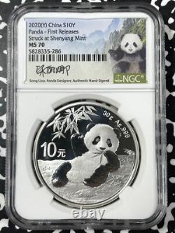 2020 Chine 3x Panda 10 Yuan Pièces NGC MS70 Lot#B2333 Argent ! Avec Étui & C. O. A
