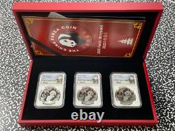 2020 Chine 3x Pandas 10 Yuan Pièces NGC MS70 Lot#B2327 Argent ! Avec Étui et C. O. A