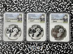 2020 Chine 3x Pandas 10 Yuan Pièces NGC MS70 Lot#B2327 Argent ! Avec Étui et C. O. A