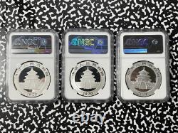 2020 Chine 3x Pandas 10 Yuan Pièces NGC MS70 Lot#B2327 Argent ! Avec Étui et C. O. A