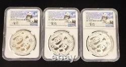 2022 (G) (Y) (S) Coffret de 3 pièces Panda d’argent chinois NGC MS 70 Huang Qin SIGNÉ